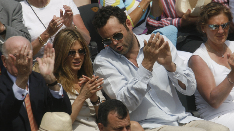 Jennifer Aniston with Vince Vaughn at the Men's Single match between Roger Federer and Rafael Nadal during the 2006 French Open Tournament