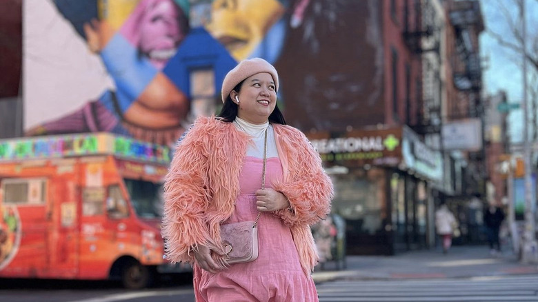 woman in all-pink outfit 