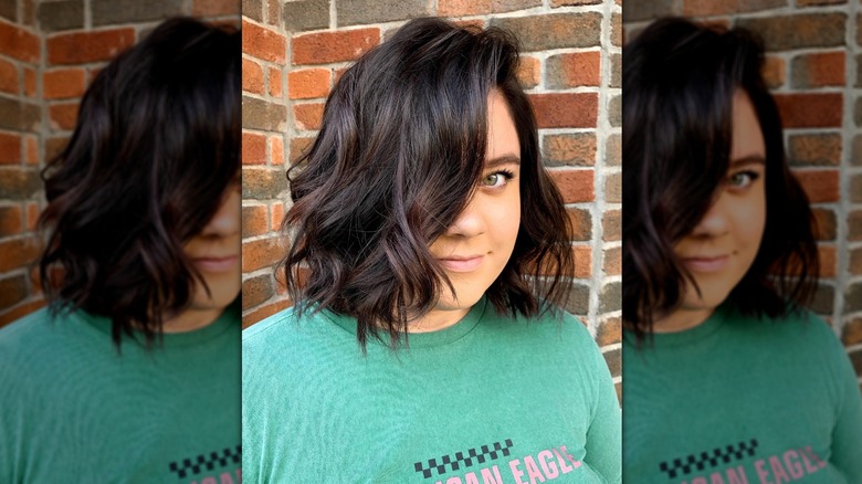 Woman with dark brown bob