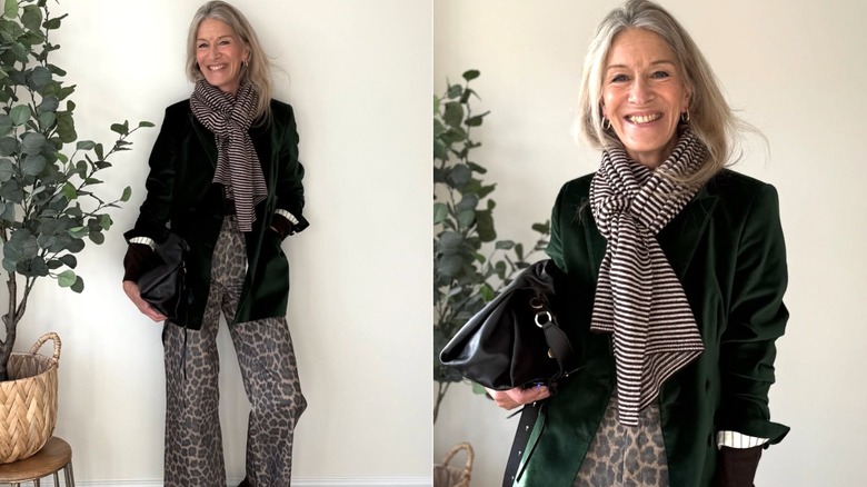 Two different photos of a woman wearing leopard print pants and a blazer with a scarf