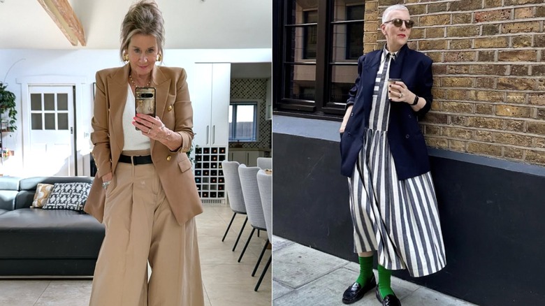 Two stylish women on Instagram; one in a brown blazer with brown trousers and one in a navy blazer with a striped dress