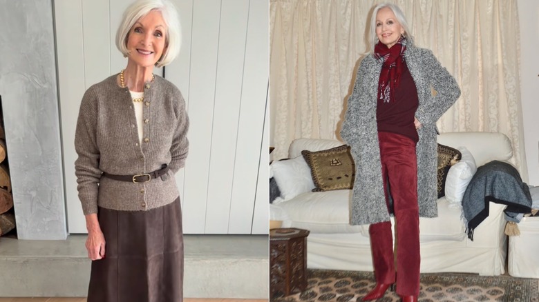 Two stylish older women; one in a suede brown skirt and one in suede red pants with a gray sweater