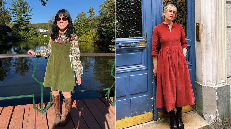 Split image of a pinafore-style dress in green and an orange dress in the midi length