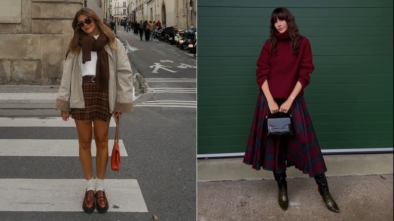Split image of a plaid mini-skirt and midi-length skirt being styled for fall