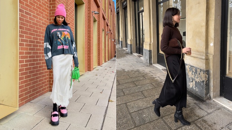 Split image of women wearing slip-style pieces in different urban settings