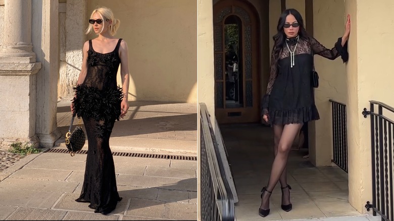 Split image of a floor-length dress with textured adornments and a babydoll-like dress made with lace