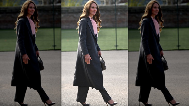 Kate Middleton wears gray coat and pink blouse