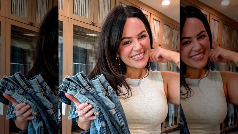 A snap of fashion influencer Taryn Truly showing followers the different jeans she's trying on