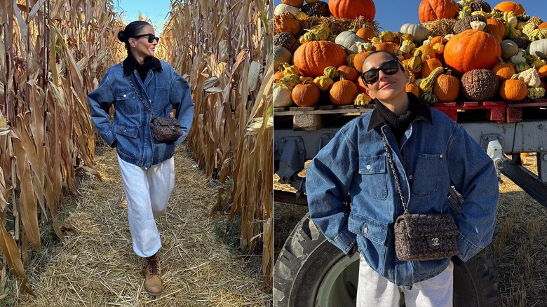 A side-by-side image of style influencer Alexandra Pereira at a pumpkin patch