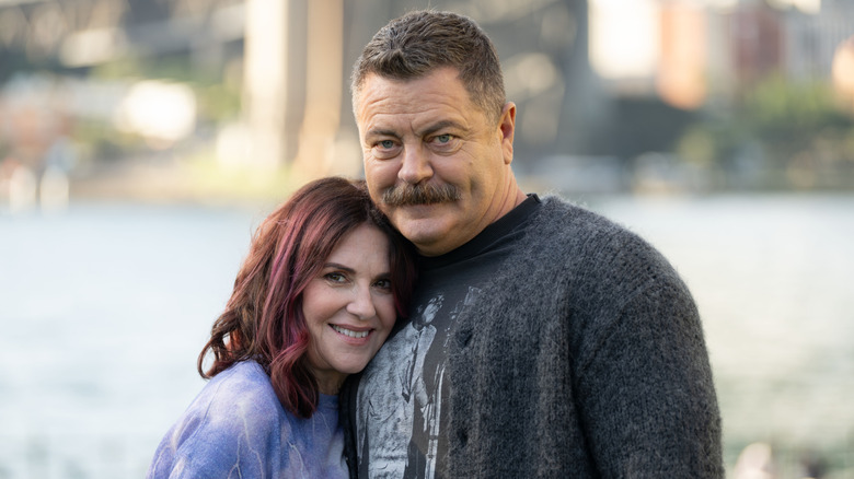 Megan Mullally and Nick Offerman at a 2025 press conference