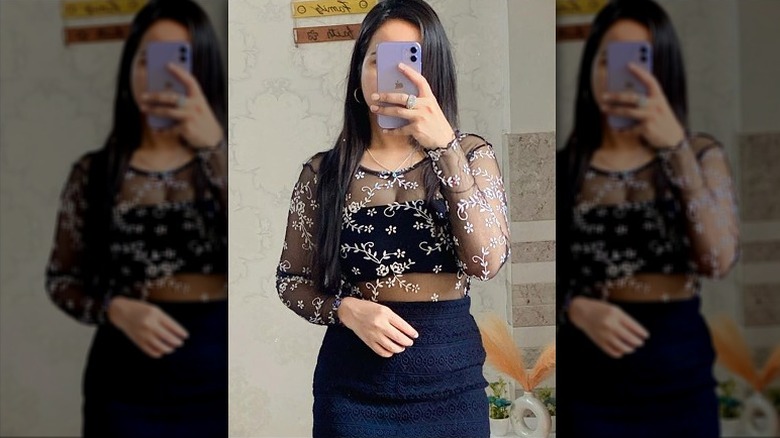 Sheer top over lace crop top