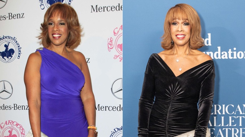 Gayle King in a purple dress from 2012 and again in a black dress in 2025