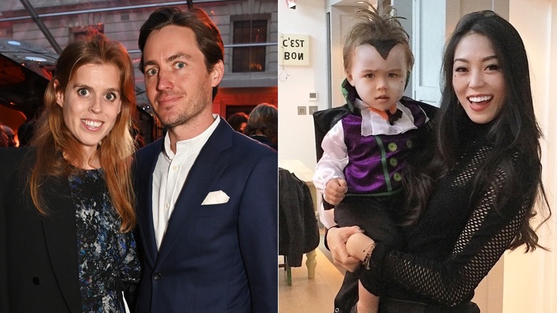 Princess Beatrice and Edoardo Mapelli Mozzi posing together, and Dara Huang and her son, side by side photos