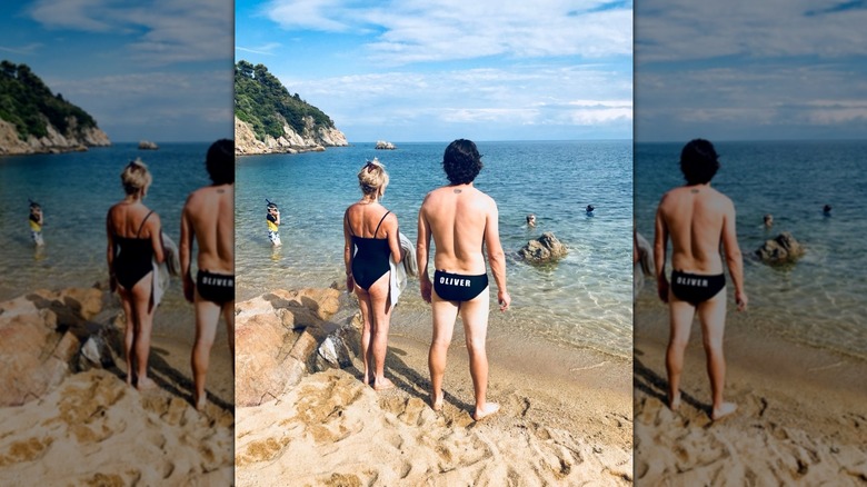 Goldie Hawn and her son Oliver Hudson pictured at the beach