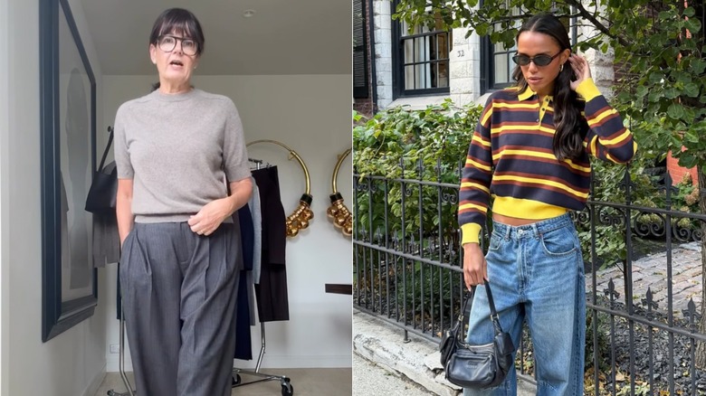 A woman in a short sleeve sweater with grey pants and a woman in a yellow and blue striped pullover