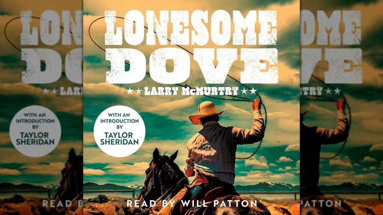 The front cover of the audiobook for "Lonesome Dove" by Larry McMurtry