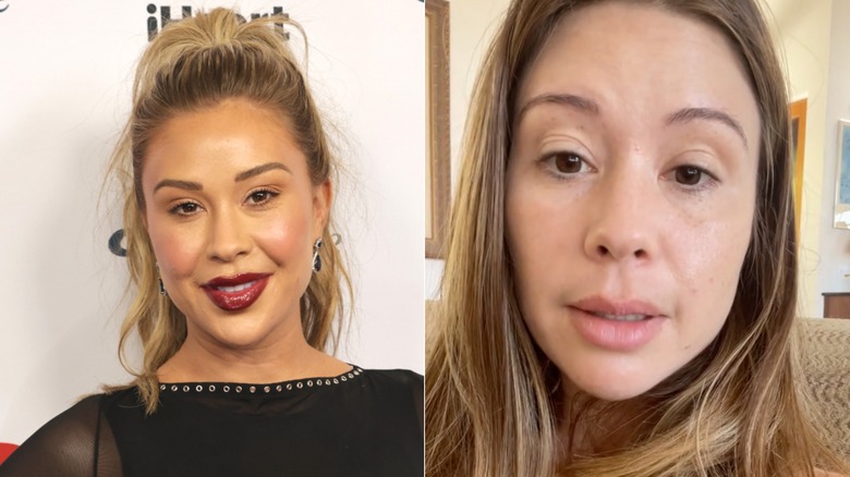 Side-by-side photos of Gabby Windey on the red carpet in 2023 and in a video in 2025 with less lip filler