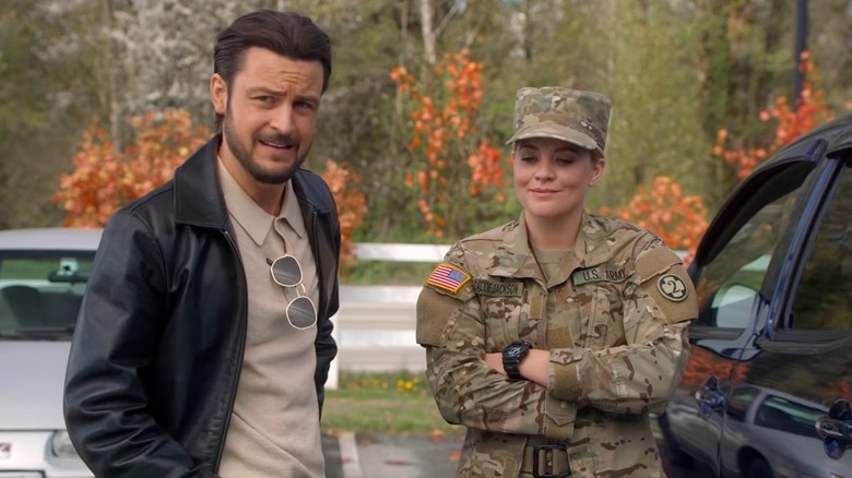 Tyler Hynes and Lauren Alaina on the set of "Roadhouse Romance"