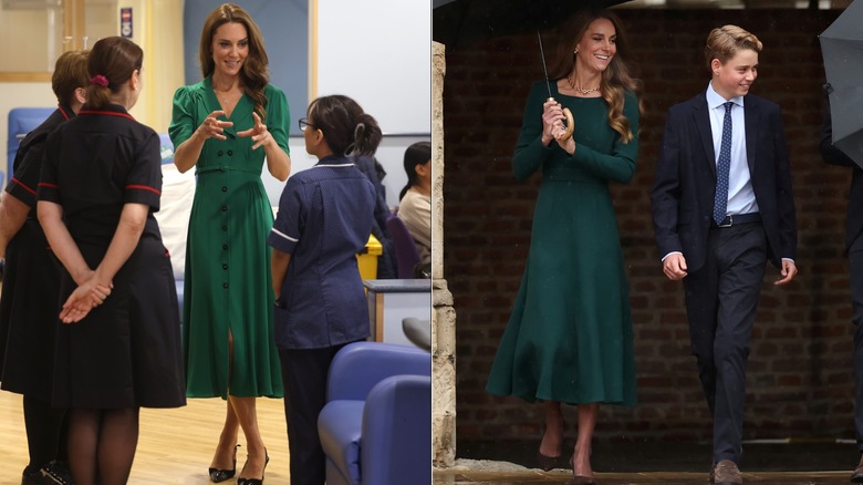 Kate Middleton in a green dress at a hospital and again in a green dress with Prince George