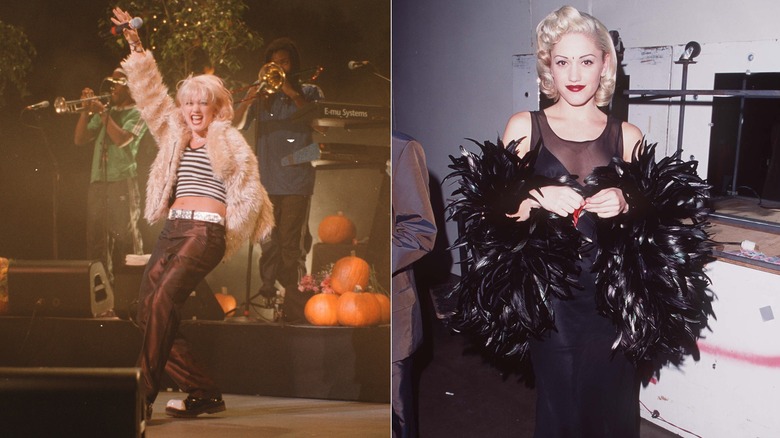 Gwen Stefani performing in a fur-look jacket and attending the American Music Awards in a black dress and boa in 1996, side by side photos