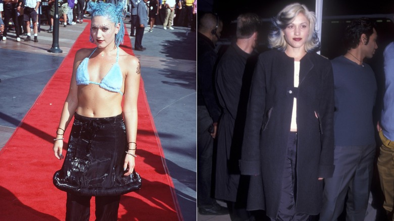 Gwen Stefani with blue hair and wearing a blue bikini top at the the MTV Video Music Awards and in a black coat with blue and black hair in 1999, side by side photos