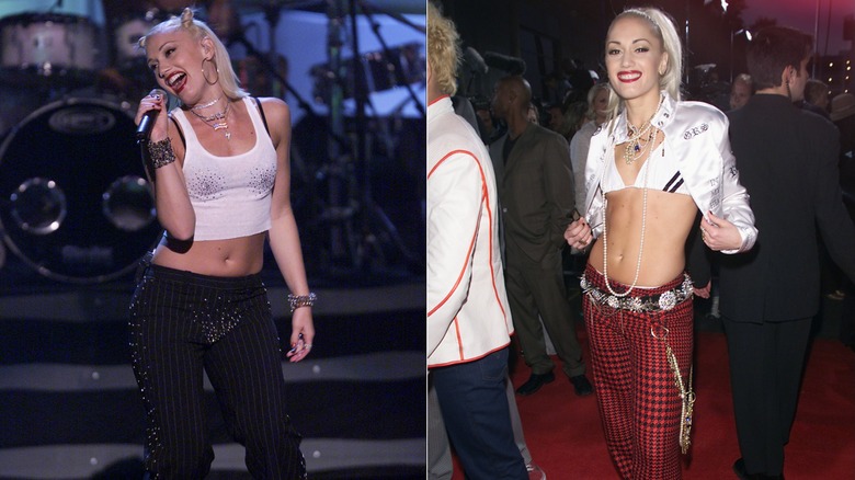 Gwen Stefani performing at the the 2000 Radio Music Awards in a bedazzled tank top and wearing a triangle bikini top at the 2001 Billboard Music Awards, side by side photos