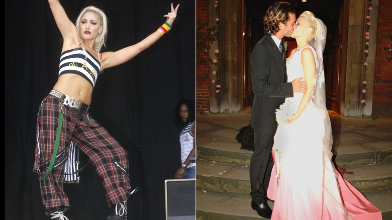 Gwen Stefani performing at Glastonbury music festival in 2002 and kissing Gavin Rossdale on their wedding day, side by side photos