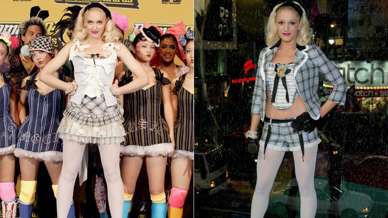 Gwen Stefani wearing Harajuku-inspired clothing at the MTV Europe Music Awards and at TRL, side by side photos