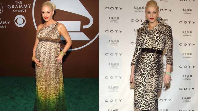 Gwen Stefani wearing a leopard print dress at the 2006 Grammys and a leopard print coat at a 2006 event, side by side photos