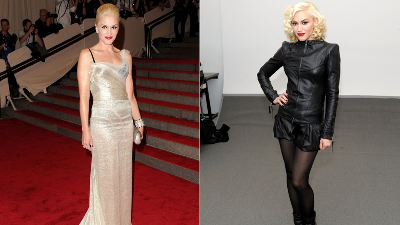 Gwen Stefani in a shimmery dress at the 2010 Met Gala and posing in an all-black outfit at a fashion event, side by side photos