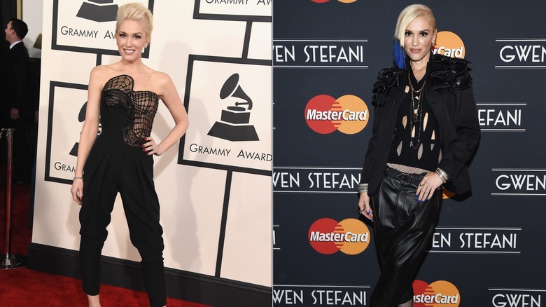 Gwen Stefani in a black jumpsuit at the 2015 Grammy awards and in black at a concert event in 2015, side by side photos