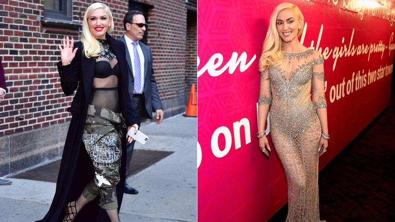 Gwen Stefani wearing camo pants in 2016 and at the 2016 Billboard Music Awards in a beaded dress, side by side photos