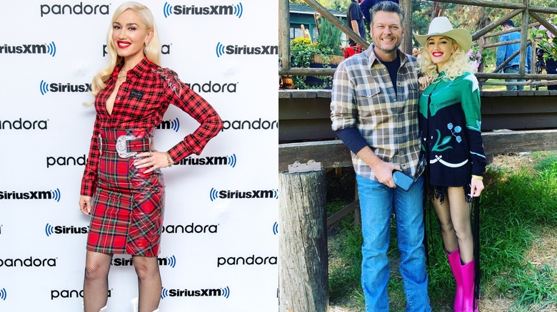 Gwen Stefani posing in a plaid outfit and alongside Blake Shelton in a Western-inspired look in 2019, side by side photos