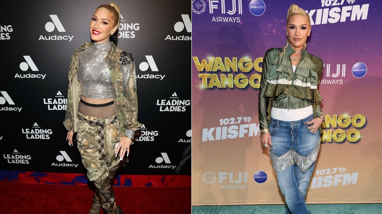 Gwen Stefani on the red carpet in camo pants and a matching jacket and wearing sparkly fringe jeans in 2025, side by side photos