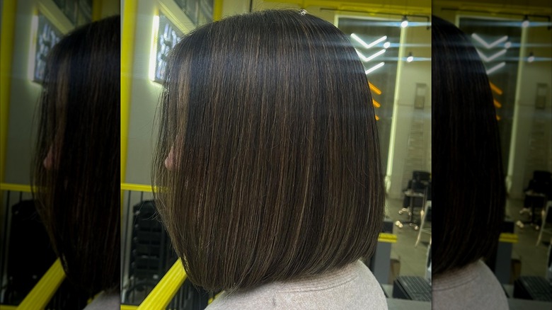 A woman with mocha brown hair with subtle highlights