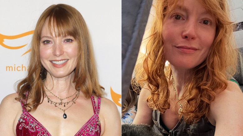 Alicia Witt with and without makeup, side by side photos