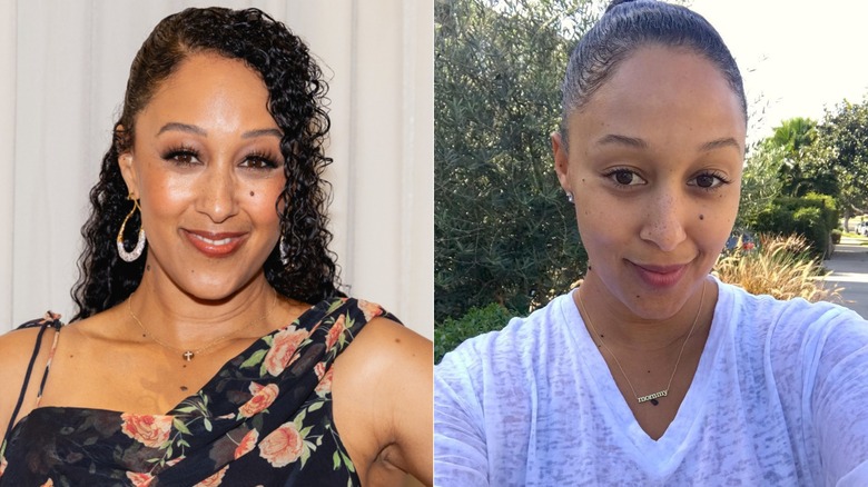 Tamera Mowry with and without makeup, side by side photos