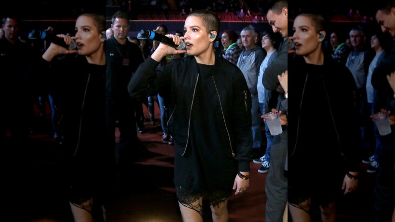 Split image of Halsey with a shaved head and slightly grown out hair