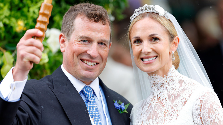 Close-up of Peter Phillips and Harriet Sperling smiling on their wedding day