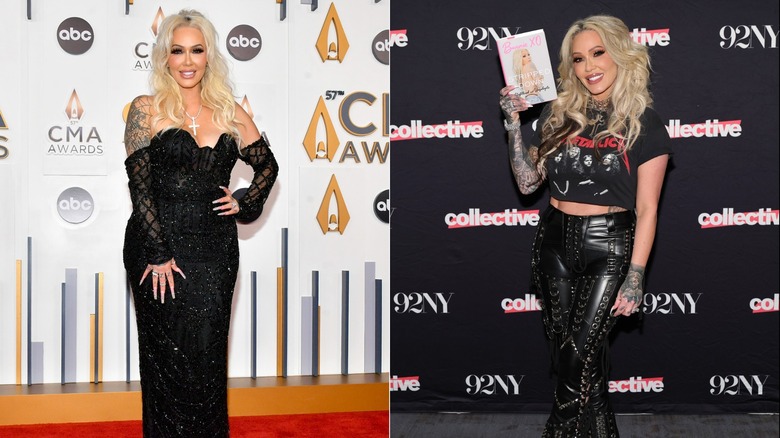 Bunnie Xo on the red carpet in a black dress in 2023 and holding her book on the red carpet in 2026, side by side photos