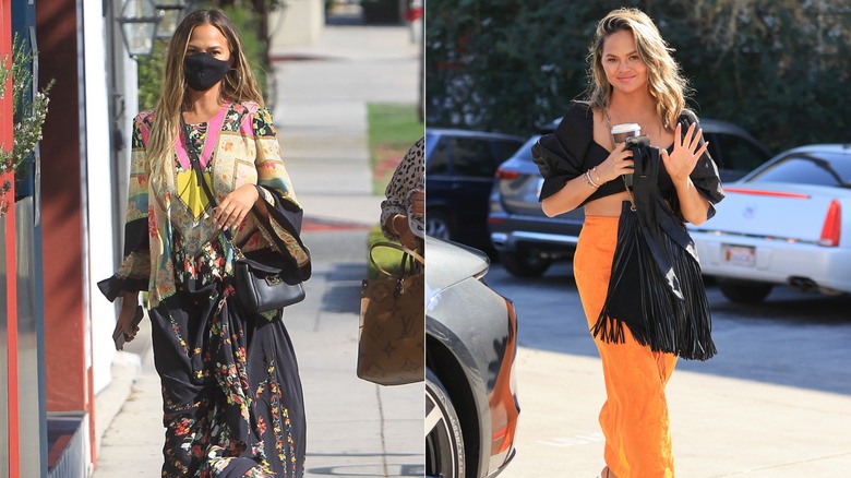 Chrissy Teigen walking on the street in August 2020 and waving in a parking lot in February 2021, side by side photos