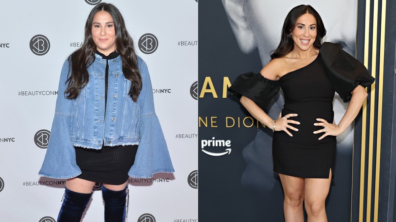 Claudia Oshry on the red carpet in a denim jacket in 2017 and on the red carpet in a black mini dress in 2024, side by side photos
