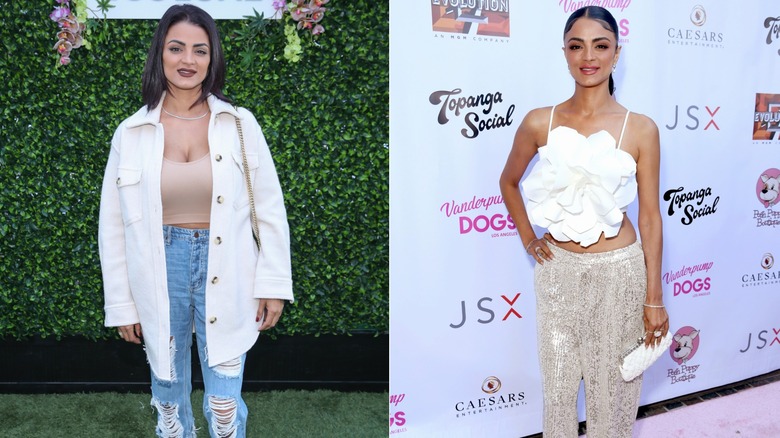 Golnesa "GG" Gharachedaghi at an event in a white jacket and jeans in 2021 and on the red carpet in a crop top and sparkly pants in 2023, side by side photos