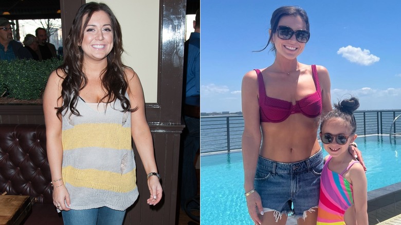 Lauren Manzo smiling in 2013 and posing with her daughter in a bikini in 2024, side by side photos