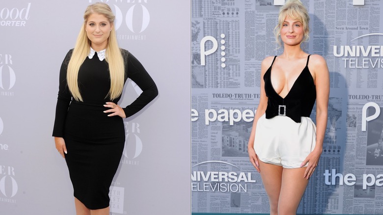 Meghan Trainor on the red carpet in a black dress in 2015 and in a black-and-white outfit in 2025, side by side photos