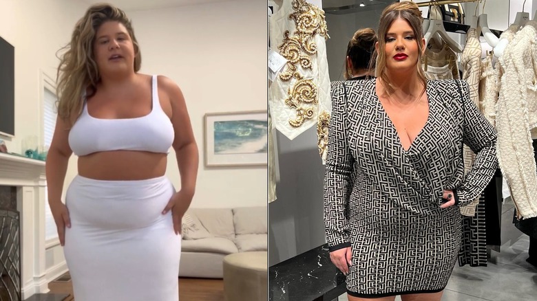 Remi Bader posing in a white outfit in 2022 and in a black dress in 2023, side by side photos