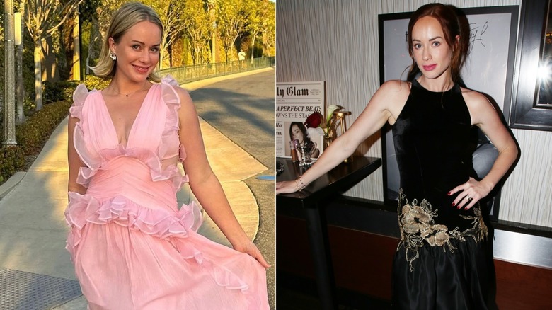 Whitney Leavitt in a pink dress in 2023 and a black dress in 2026, side by side photos
