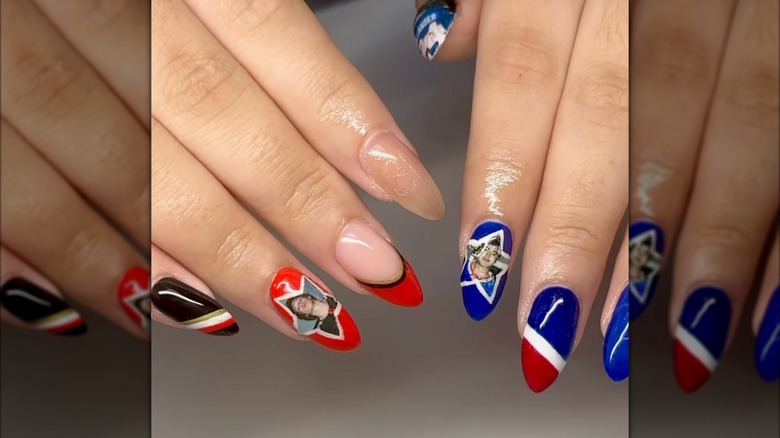 Two hands featuring "Heated Rivalry"-themed nails