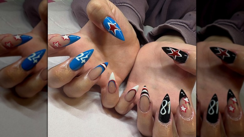 Two hands with "Heated Rivalry"-themed stiletto nails