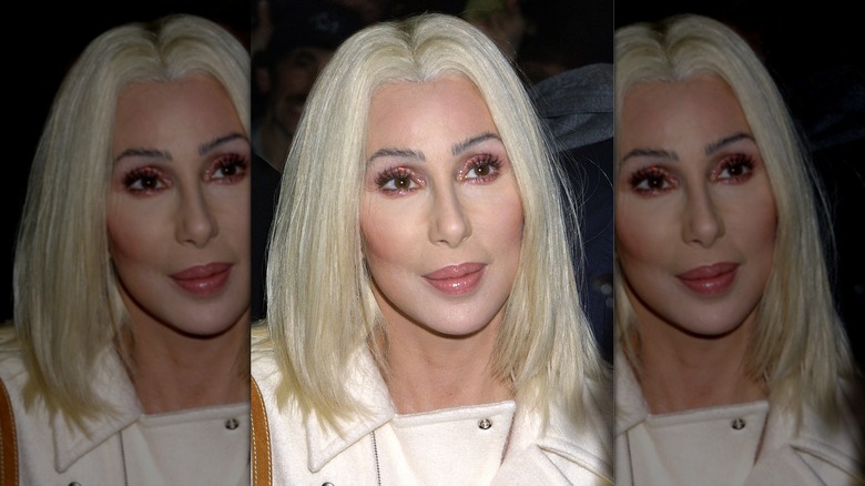 Cher sporting a blond bob in 2002 while wearing a white outfit